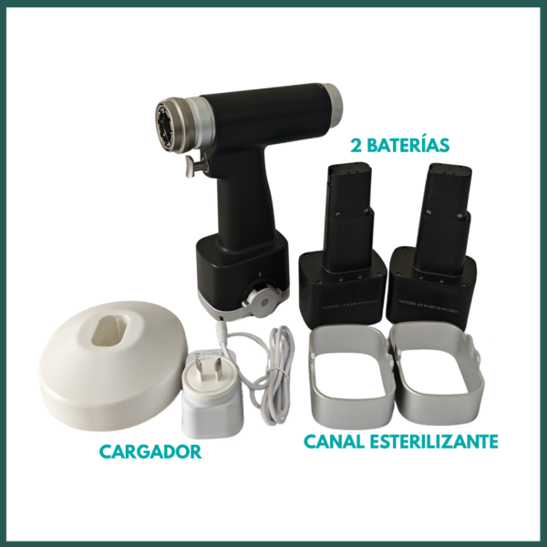 taladro quirurgico oseo multifuncional con 2 baterias, cargador canal esterilizable